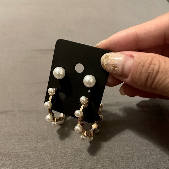 2-Pair Pearl Gold Hoop and White Pearl Studs Earrings Set - Picture 2 of 3